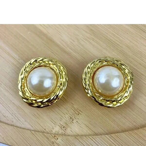 VTG Signed Bluette Shoe Clips Faux Pearl Gold Tone Textured 1980s